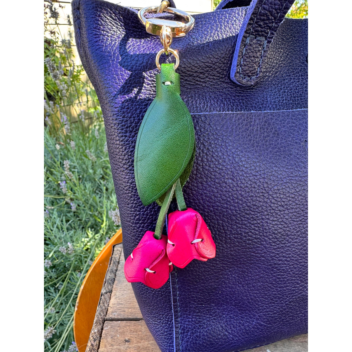 Genuine Leather Hot Pink Tulip Bag Charm Tulip Spring Pink Flower Leather Charm