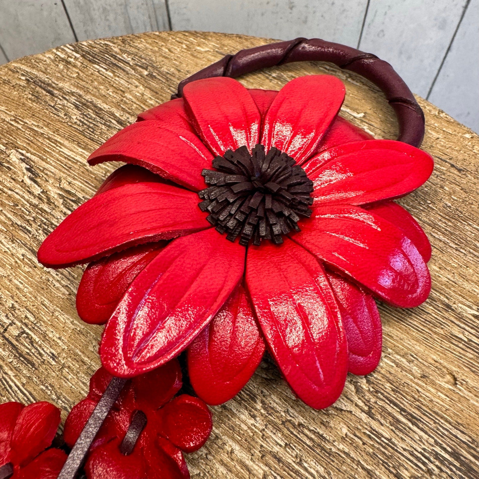 Genuine Leather Gerbera Daisy Purse Charm Leather Red Spring Bag Charm NEW