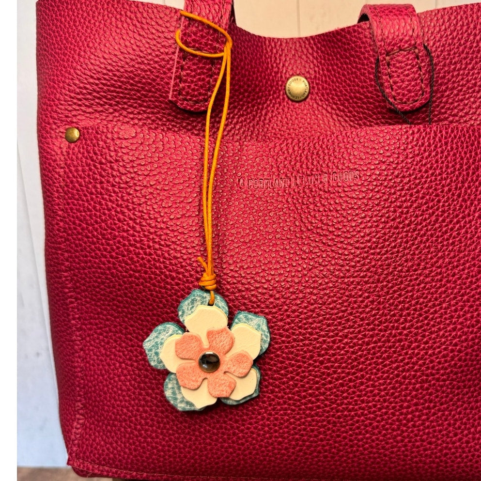 Leather Flower Bag Charm Pink White Blue Flower Purse Charm Genuine Leather