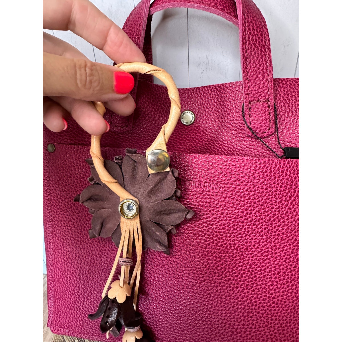 Leather Flower Purse Charm Genuine Leather Eggplant Brown Dahlia Fall Bag Charm
