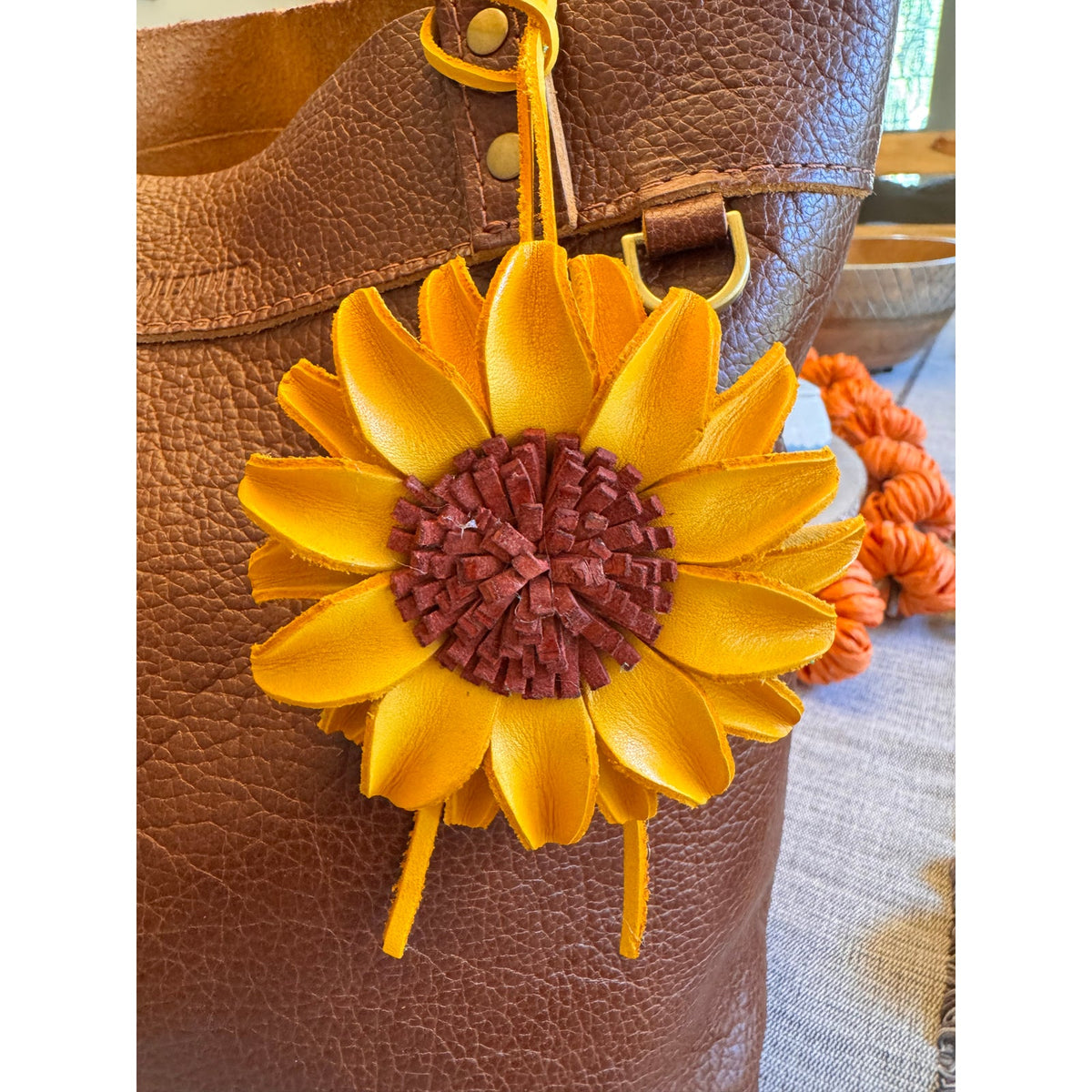 Yellow Sunflower Genuine Leather Purse Charm Leather Yellow Bag Charm