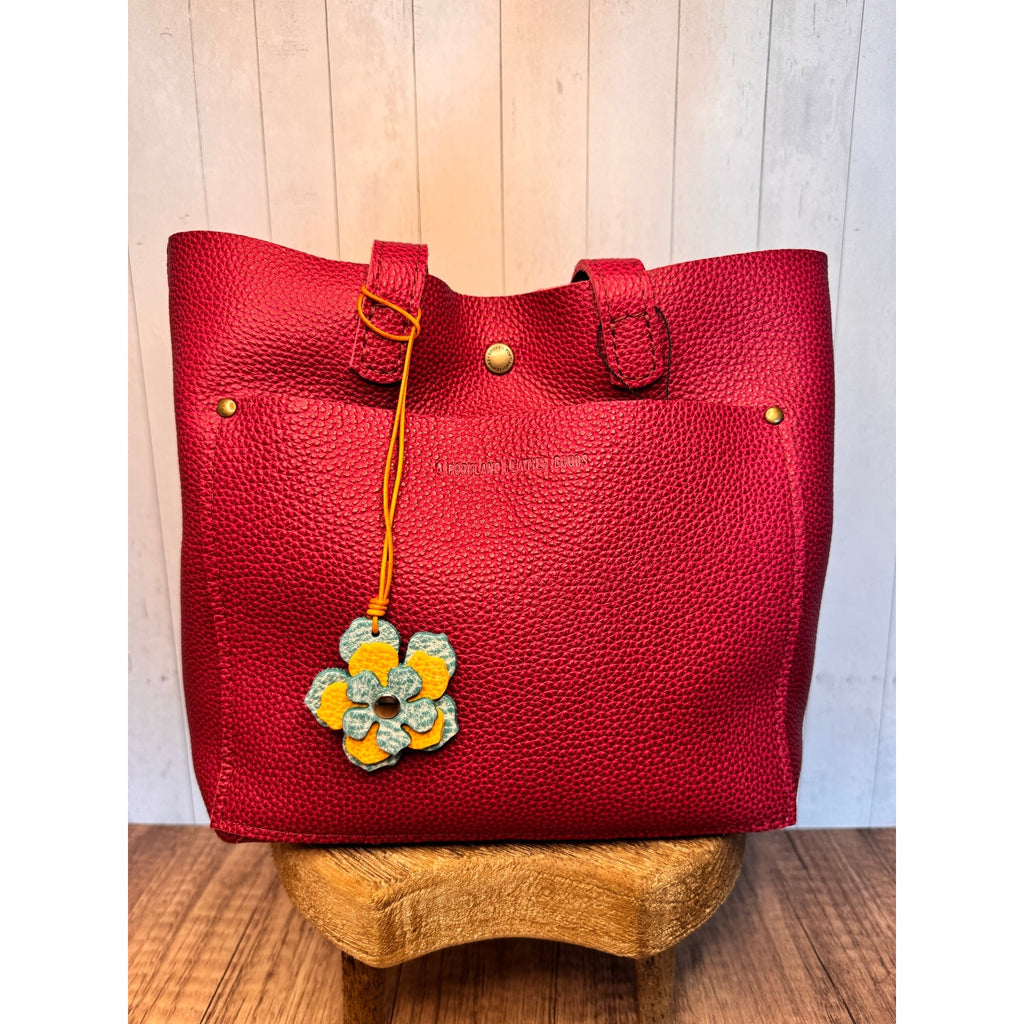 Leather Flower Bag Charm Blue Yellow Blue Flower Purse Charm Genuine Leather