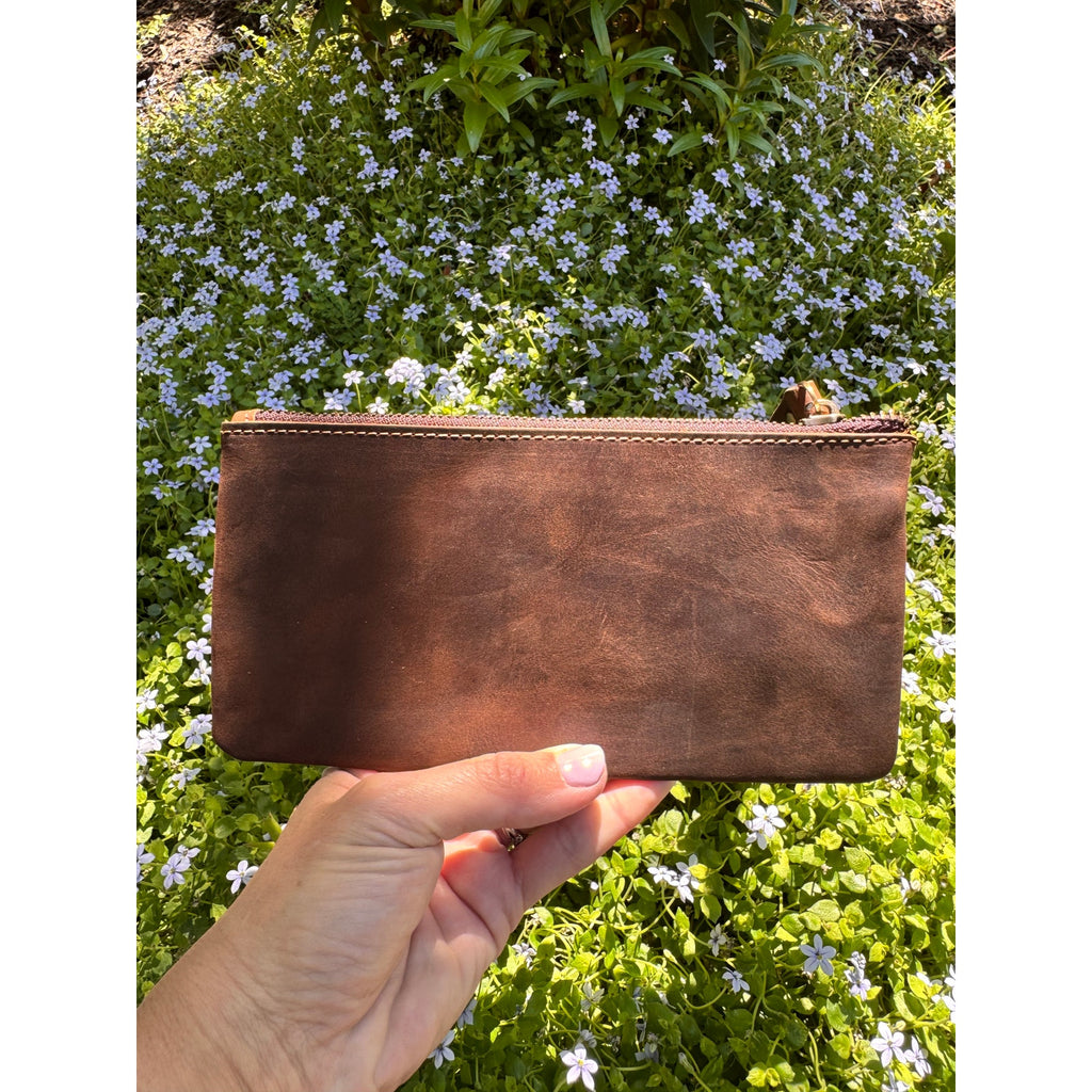 Genuine Leather Dark Grizzly Brown  Makeup Bag Artist Pouch Leather Wristlet Bag